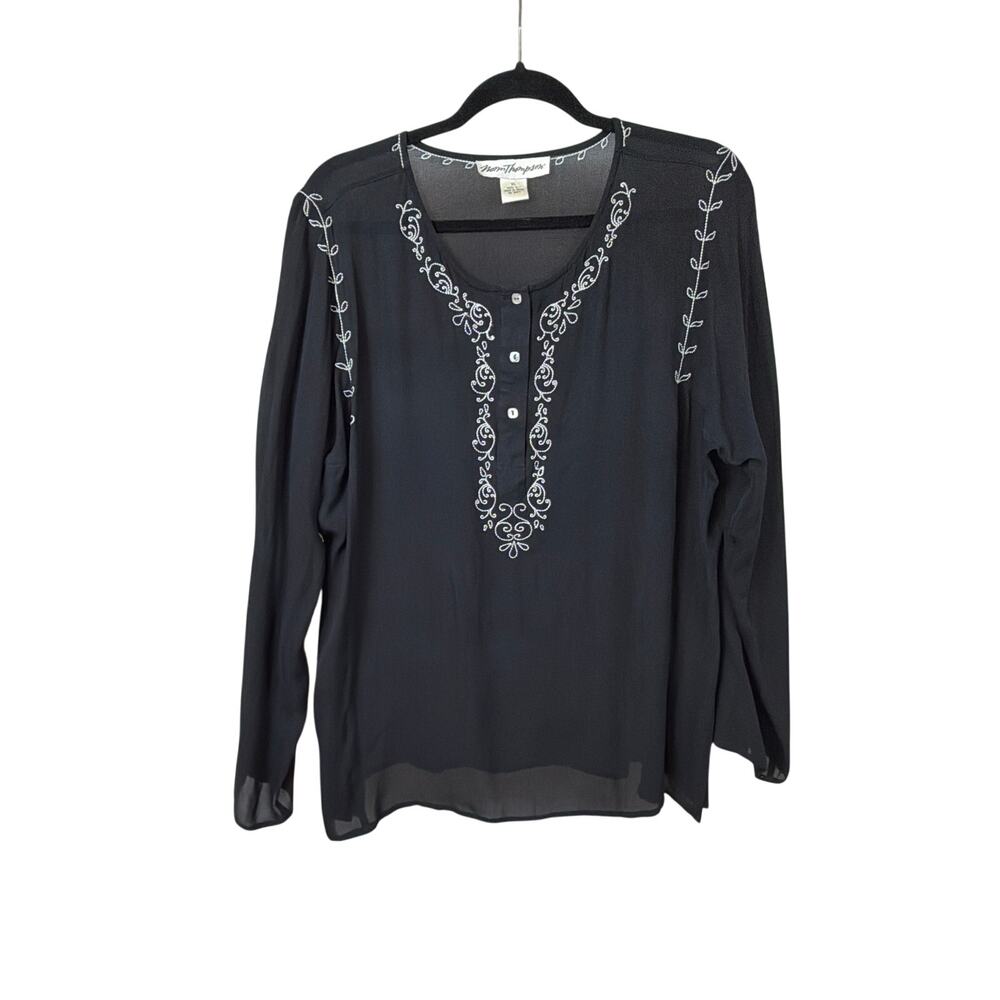 Norm Thompson Black White Embroidery Sheer Button-Up Tunic Top Size XL